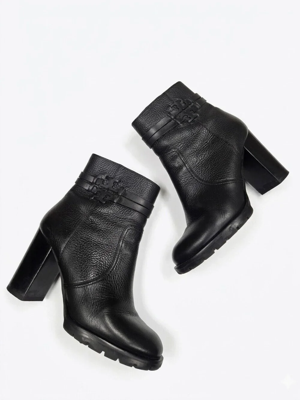 Tory Burch Women Leigh Black Leather Dress Logo Heel Zip Ankle Boots sz 8.5